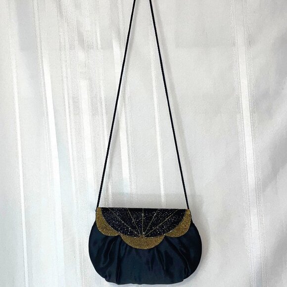 Vintage 80's Glam Semi-Formal Satin Shimmer Beaded Black & Gold Purse by ELKA - Picture 2 of 7